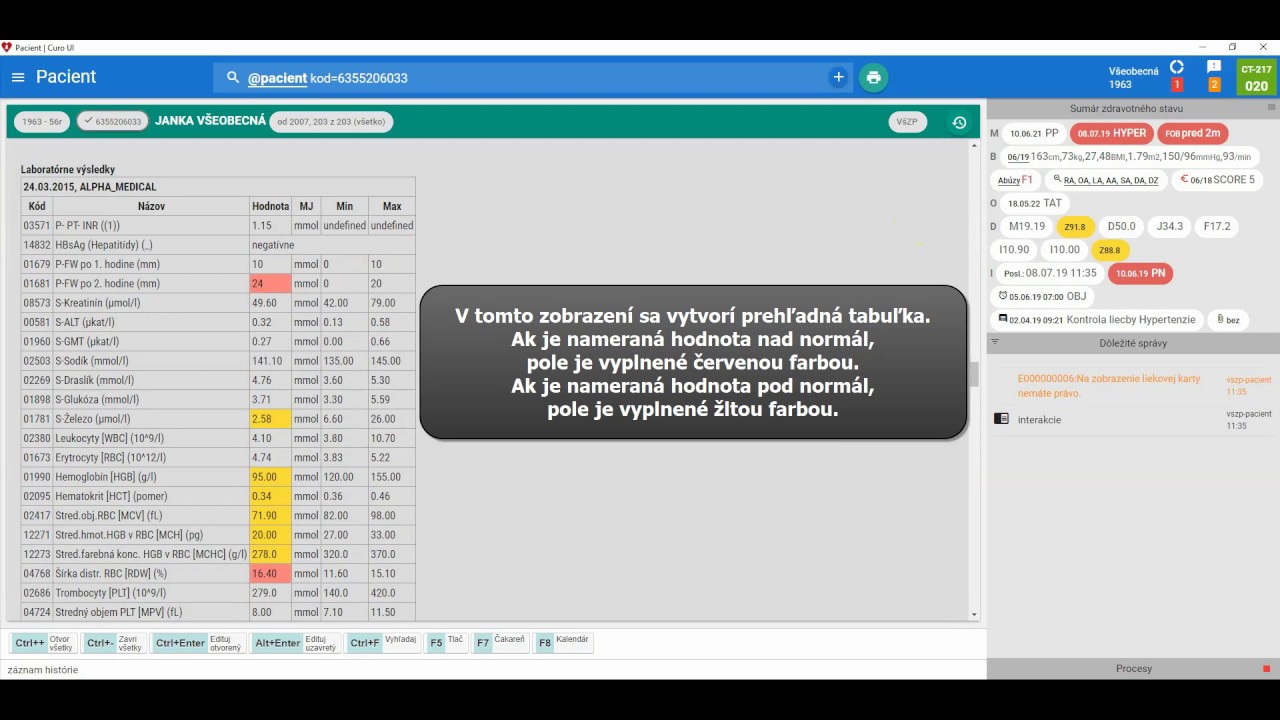 Náhľad videa Laboratórne výsledky - mód zobrazenia v histórii