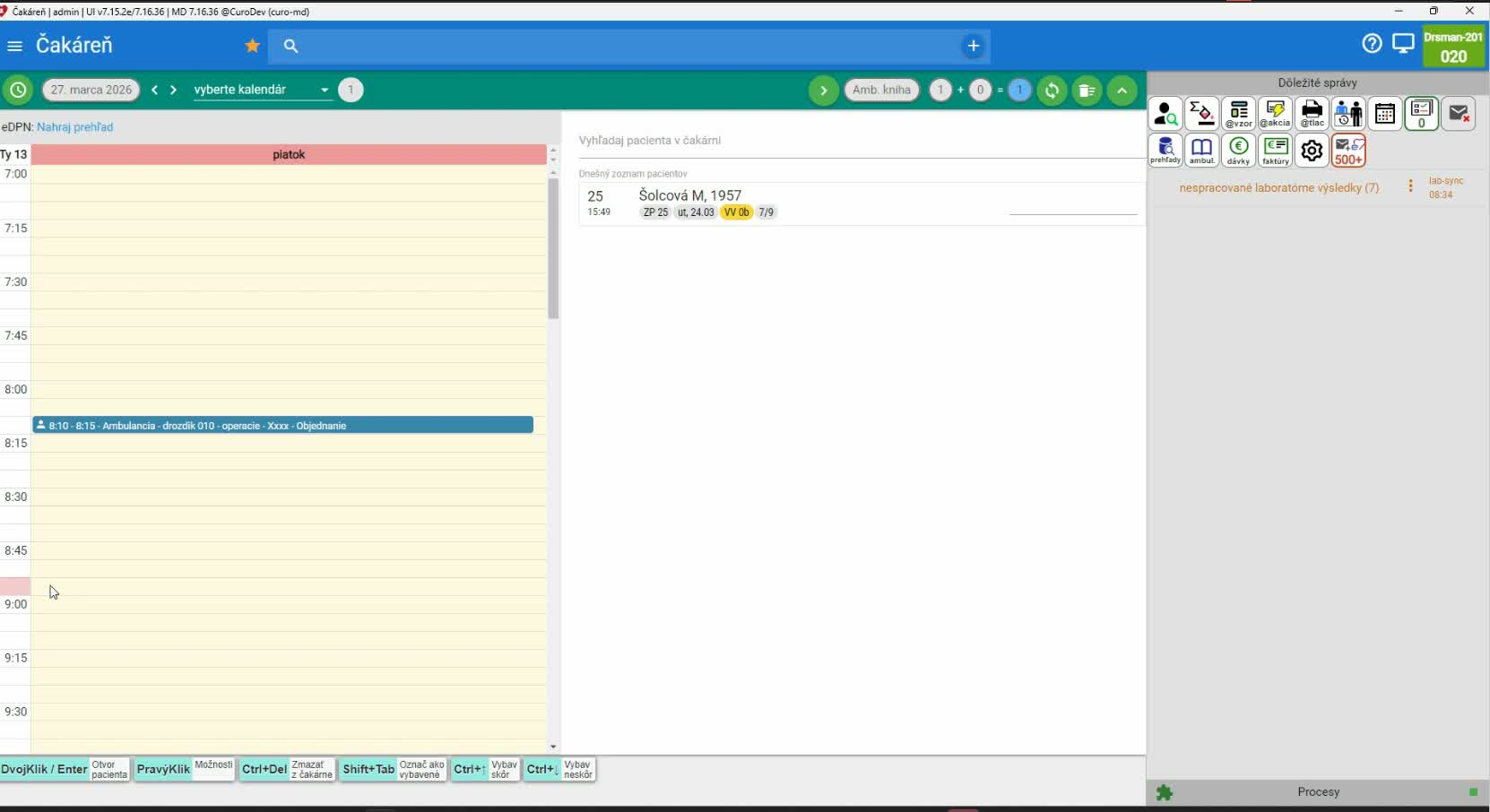 Úvodná obrazovka po prihlásení a práca s kalendárom