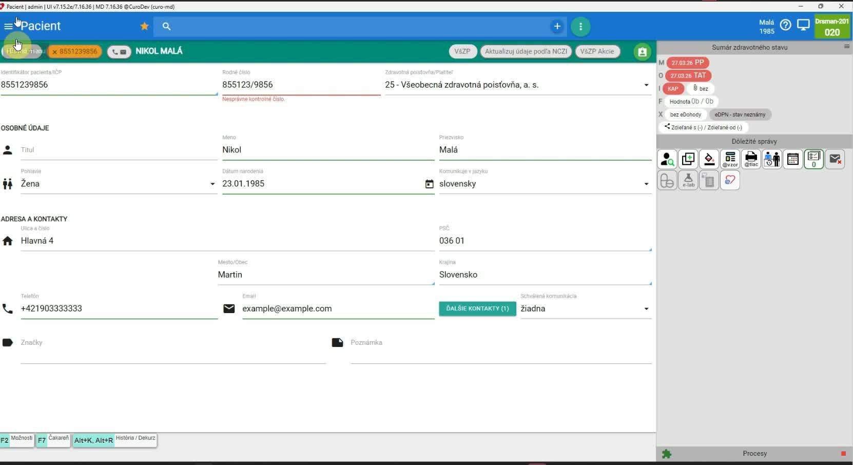 Horný riadok pacienta a vyhľadanie existujúceho pacienta