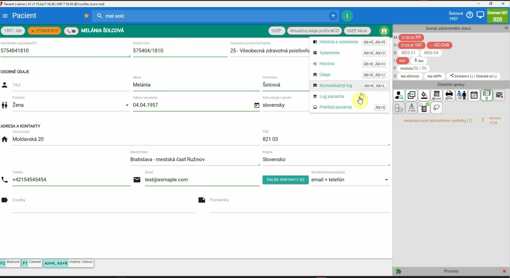 Prehľad pacienta a sumárne informácie