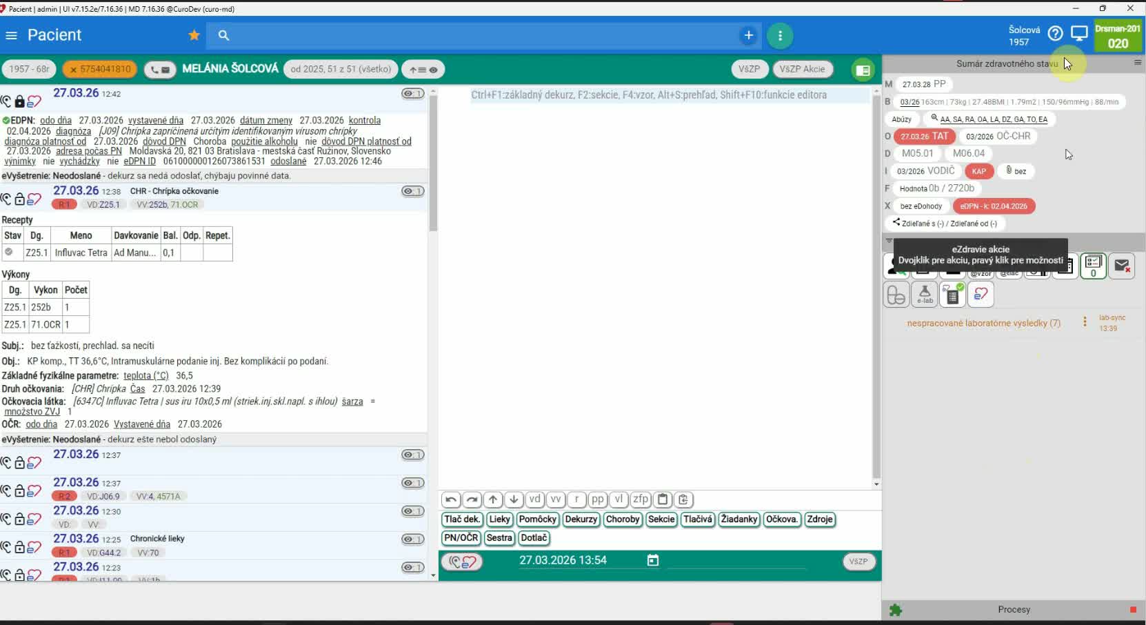 Pravý panel: sumár zdravotného stavu a dôležité správy